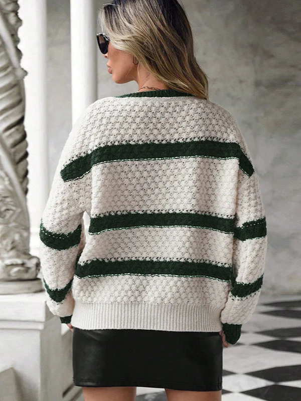 Athvotar Athvotar And Winter New Sweater Woman Loose Knitting Colliding Color V Collar Lantern Sleeves
