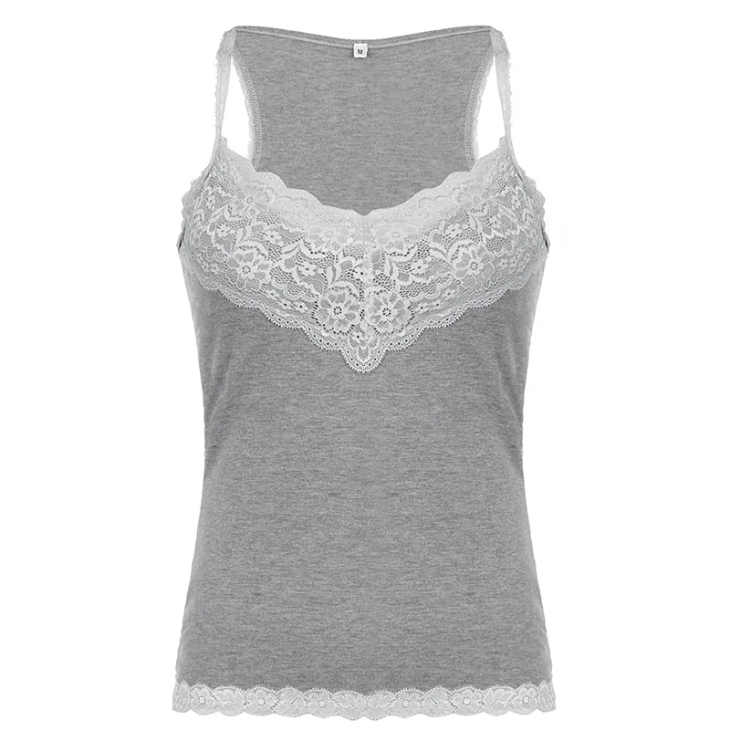 Rapcopter Y2K Grey Lace Crop Top V Neck Strap Cute Sweet Mini Vest Backless Vintage Women Basic Corset Sweats Summer Party Tee