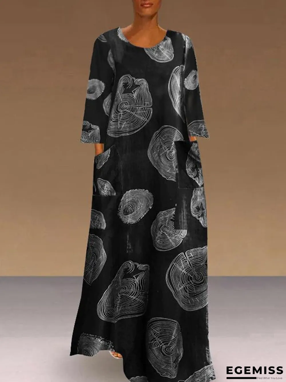 Autumn Women's Print Large Pocket Long Sleeve Casual Retro Dress Black Dresses | EGEMISS