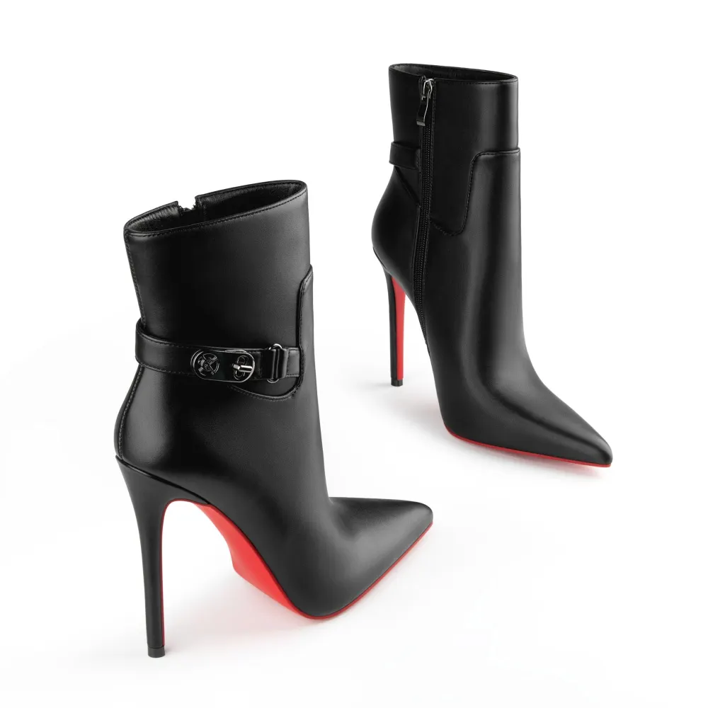 120mm Women's Pointed Toe Stiletto Red Bottom Ankle Boots Side Zipper Buckle Detail High Heel Booties-MERUMOTE