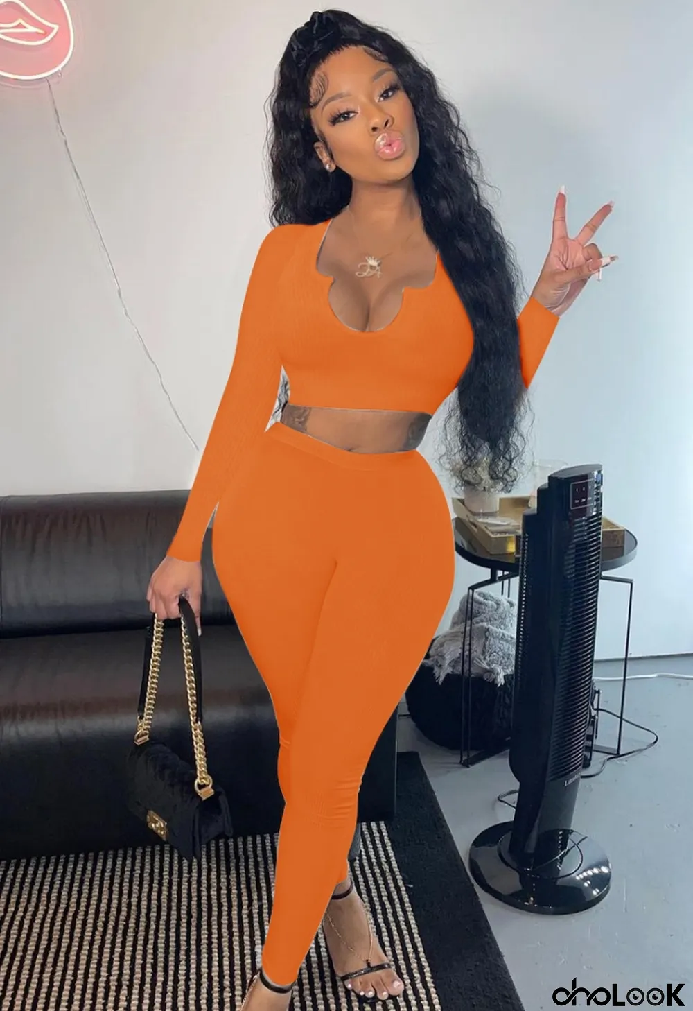 Fall Sexy Orange Irregual Neck Long Sleeve Crop Top And Pant Set