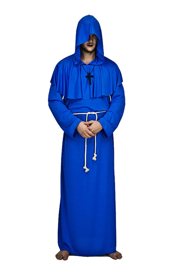 Long Hooded Robe Mens Friar Tuck Wizard Halloween Costume Blue-elleschic
