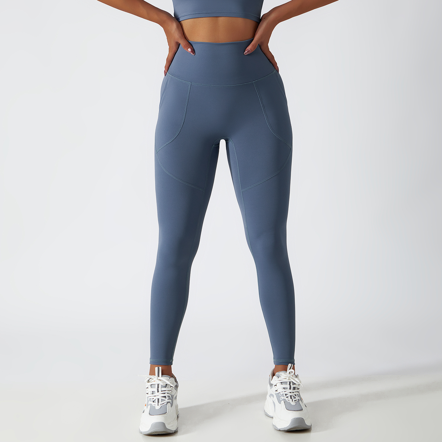 Hergymclothing Haze Blue high rise no camel toe squat proof butt lifting non see through lightweight buttery soft ethical yoga pants eco friendly for sale
