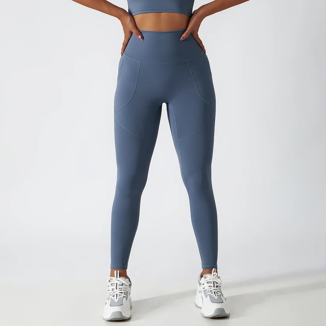 Hergymclothing Haze Blue high rise no camel toe squat proof butt lifting non see through lightweight buttery soft ethical yoga pants eco friendly for sale