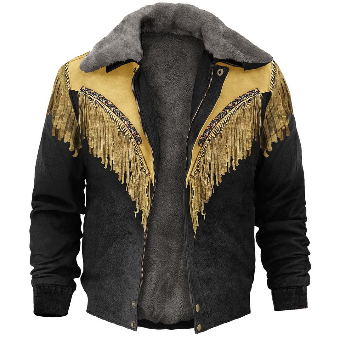 Retro American Western Fringed Denim Jacket Print Unisex Deluxe Outerwear