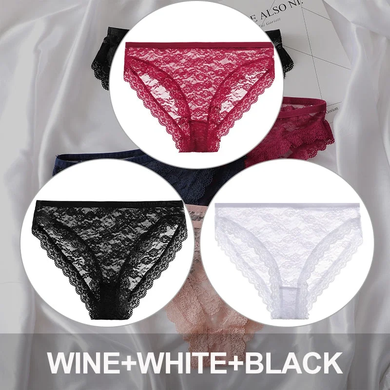 FINETOO 3PCS/Set Floral Lace Sexy Women Lingerie Panties M-2XL Plus Size Underpants Transparent Female Comfortable Briefs Girls