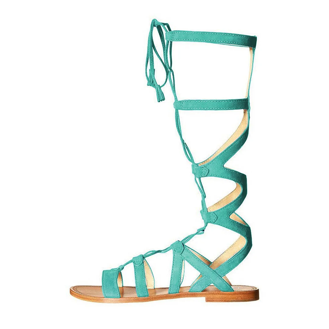 Turquoise Knee High Open Toe Flat Lace Up Gladiator Sandals for Women