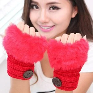 Arm Warmers Women Solid Knitting Single Button Faux Rabbit Fur Plush Kawaii Womens Mitts Half-fingered All-match Warm Trendy New