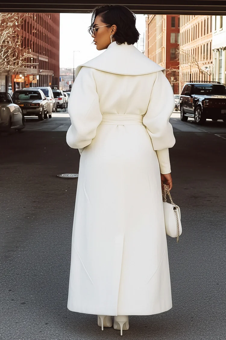 Shawl Collar Cinched Waist Gigot Sleeve Long Overcoat-White [Pre Order]
