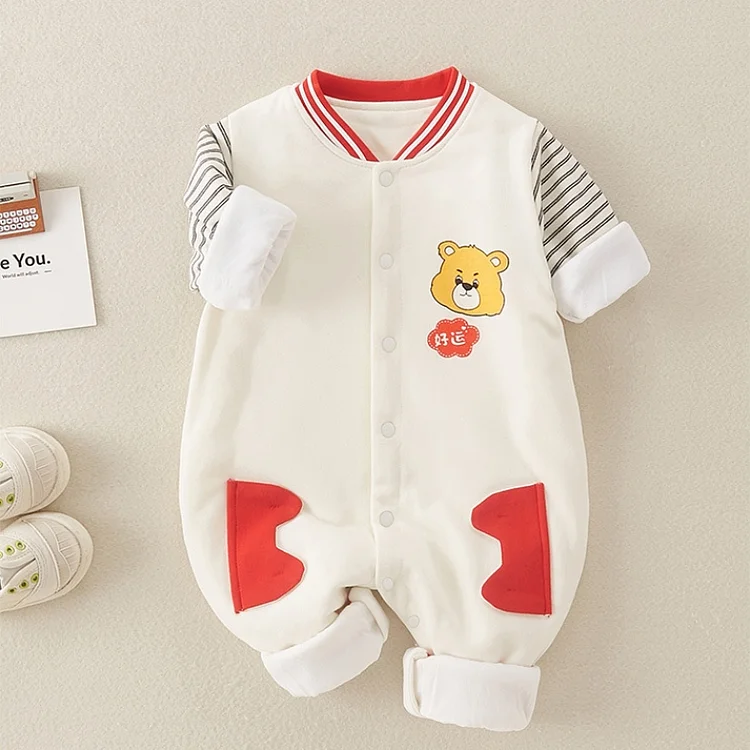 Baby Boy/Girl Bear Print Striped Splicing Long Sleeve Romper