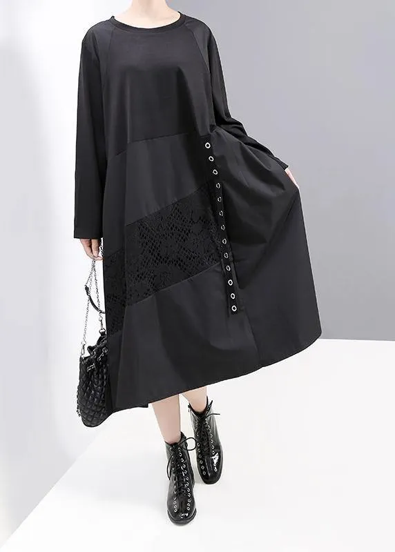 Women black patchwork cotton quilting dresses long sleeve Robe o neck Dresses
