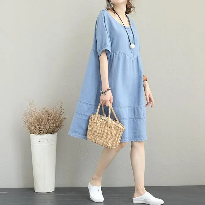 stylish light blue linen shift dress oversize shirt dress women patchwork lace hollow out linen cotton dress