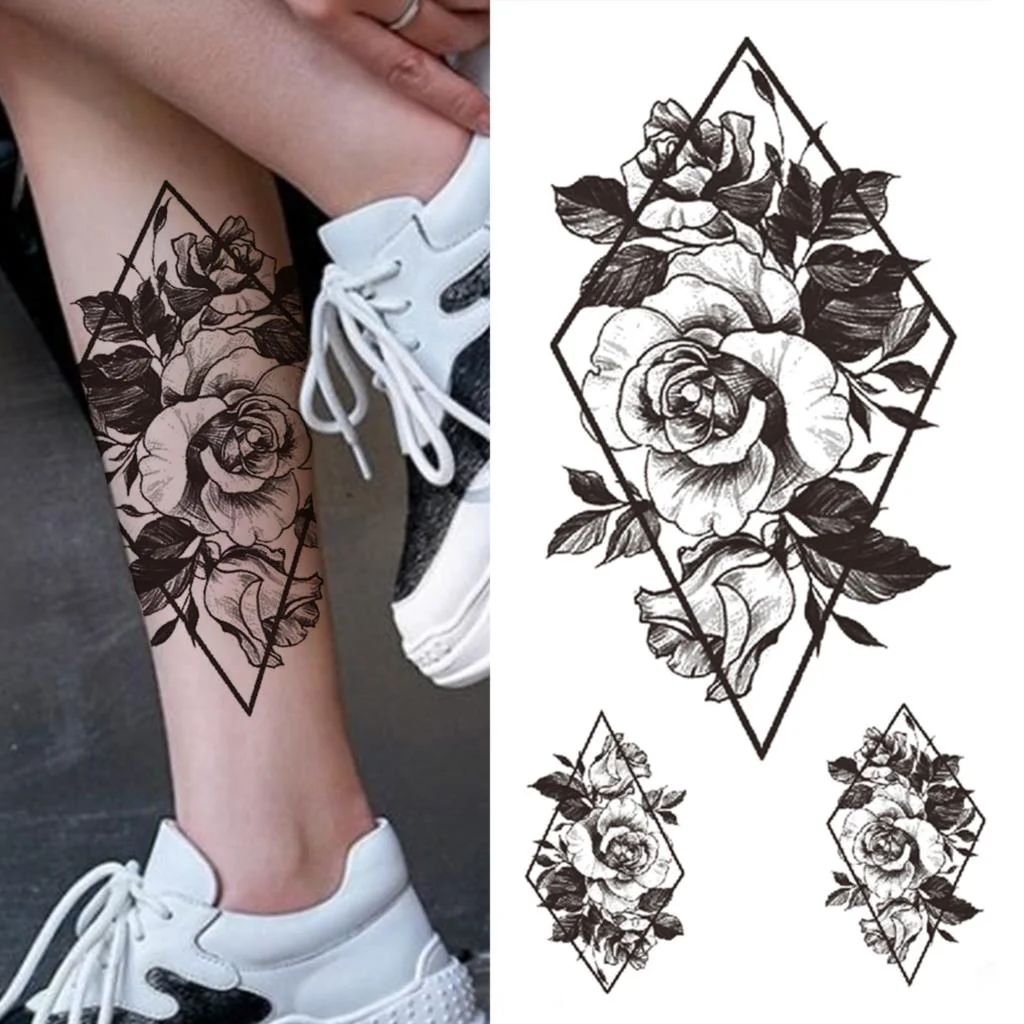 Tribal Tiger Diamond Temporary Tattoos For Women Men Cross Lion Skull Tattoo Sticker Black Wolf Fake Forest Animal Tatoo Forearm