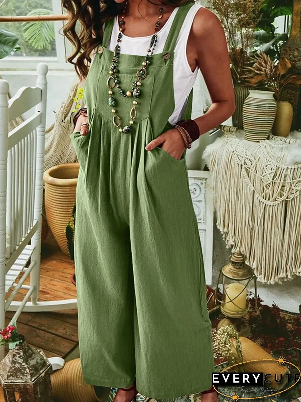 Casual Jumpsuit-Solid Color Womens Clothing Summer Solid Color Cotton Linen Pocket