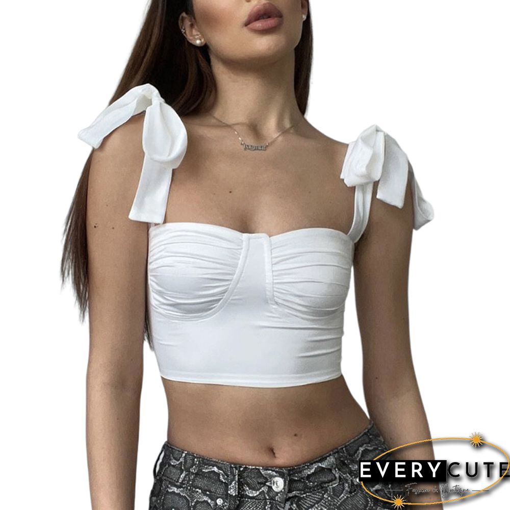 White Lace-up Spaghetti Straps Crop Tops
