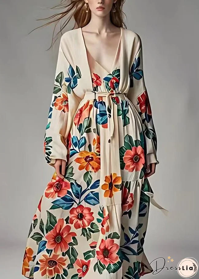 Original Design Khaki V Neck Print High Waist Cotton Dress Fall