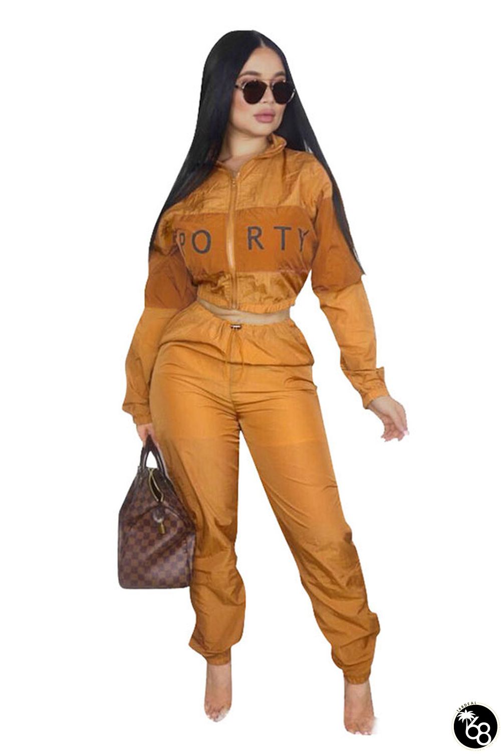 Orange Elastic Fly Long Sleeve Mid Letter Patchwork Straight Pants | 168DEAL
