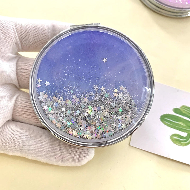 Girl Heart Pink Quicksand Small Mirror Portable Double-sided Folding Mirror Round Boys Makeup Mirror