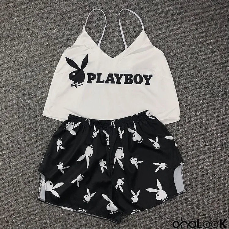 Women Fashion Sexy Silk Printing V-Neck Camis And Shorts Sets