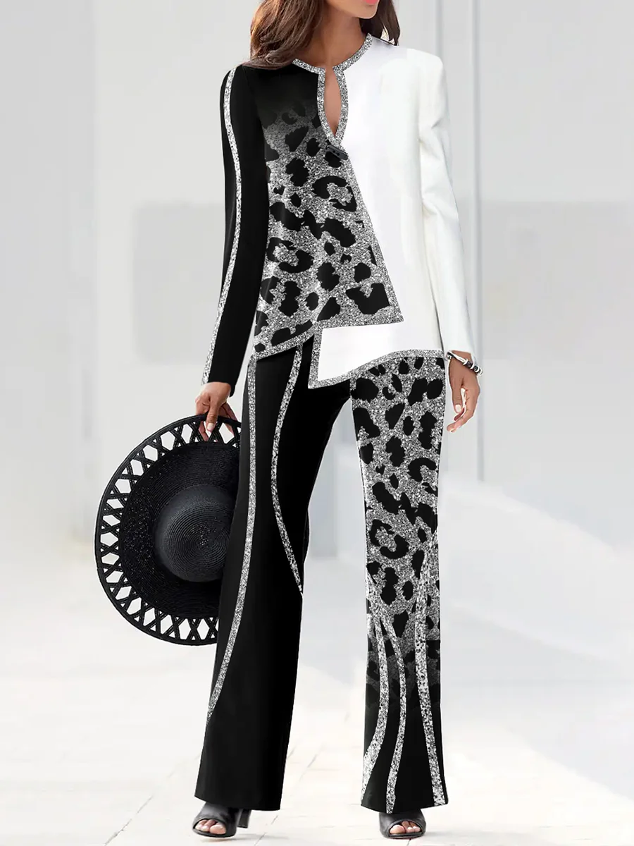 Ladies Fashion Silver Leopard Print Hot Silver Stripe Asymmetrical Suit