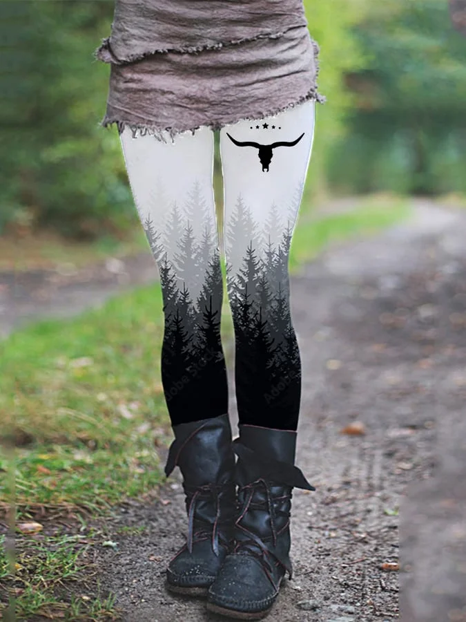Women's western scenery retro bull head casual leggings
