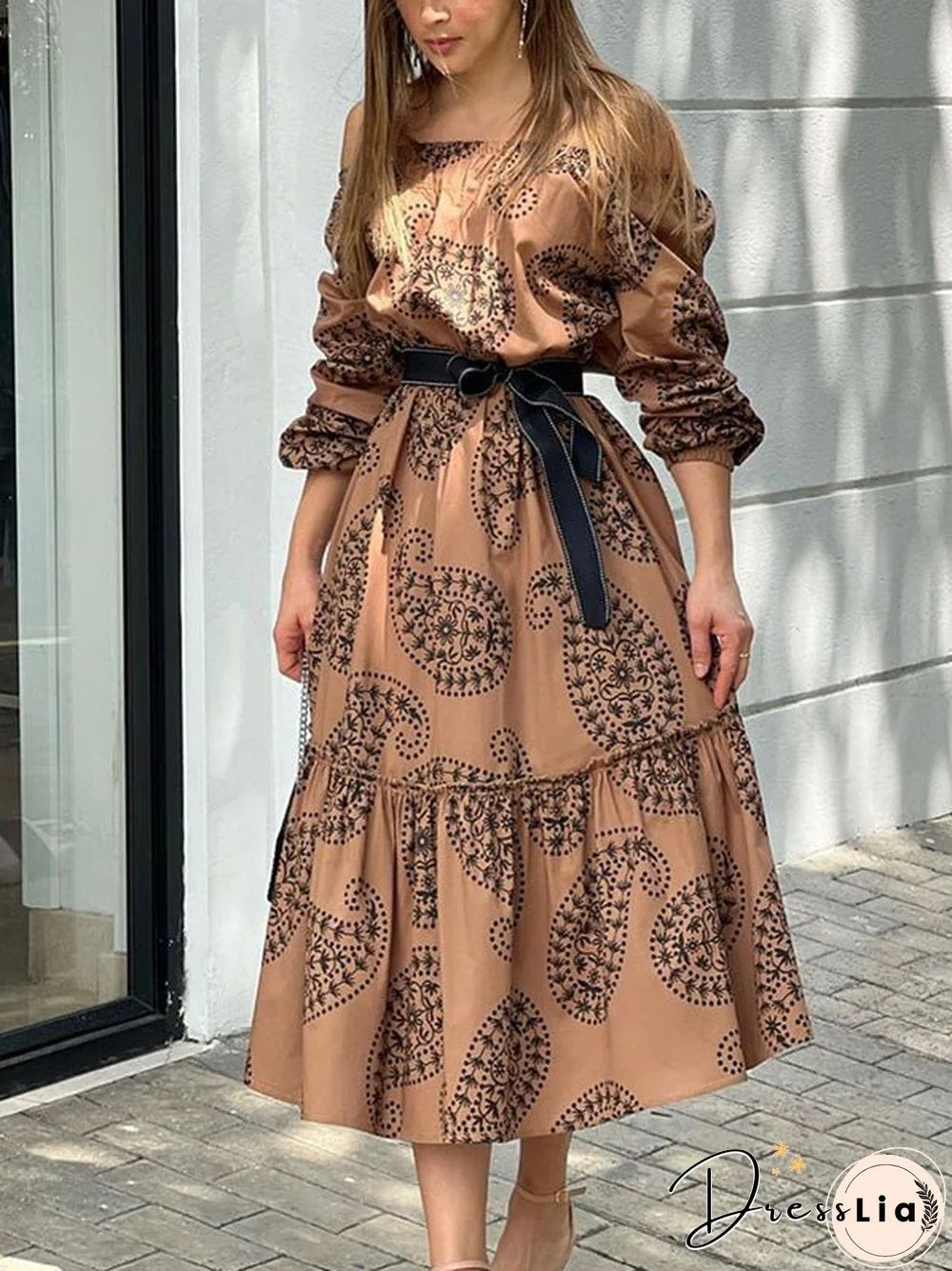 Women'S Dresses One-Shoulder Belted Long Sleeve Print Dress