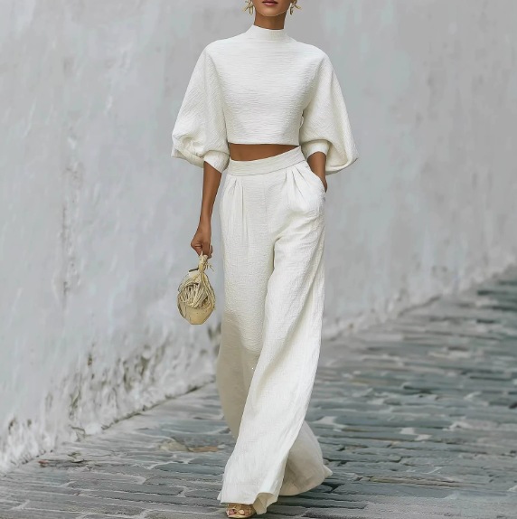 Casual High Waisted With Blended Crop Top Two-piece Set elevenforest