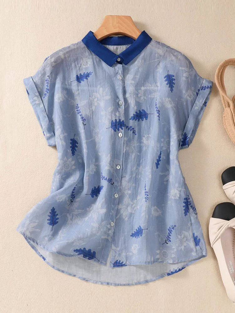 Women's Lapel Retro Contrast Print Short Sleeves Casual Linen Loose Cardigan Top