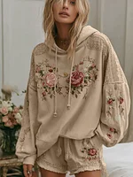 Women's Floral Embroidery Art Cozy Hooded Sweatshirt - Image 4