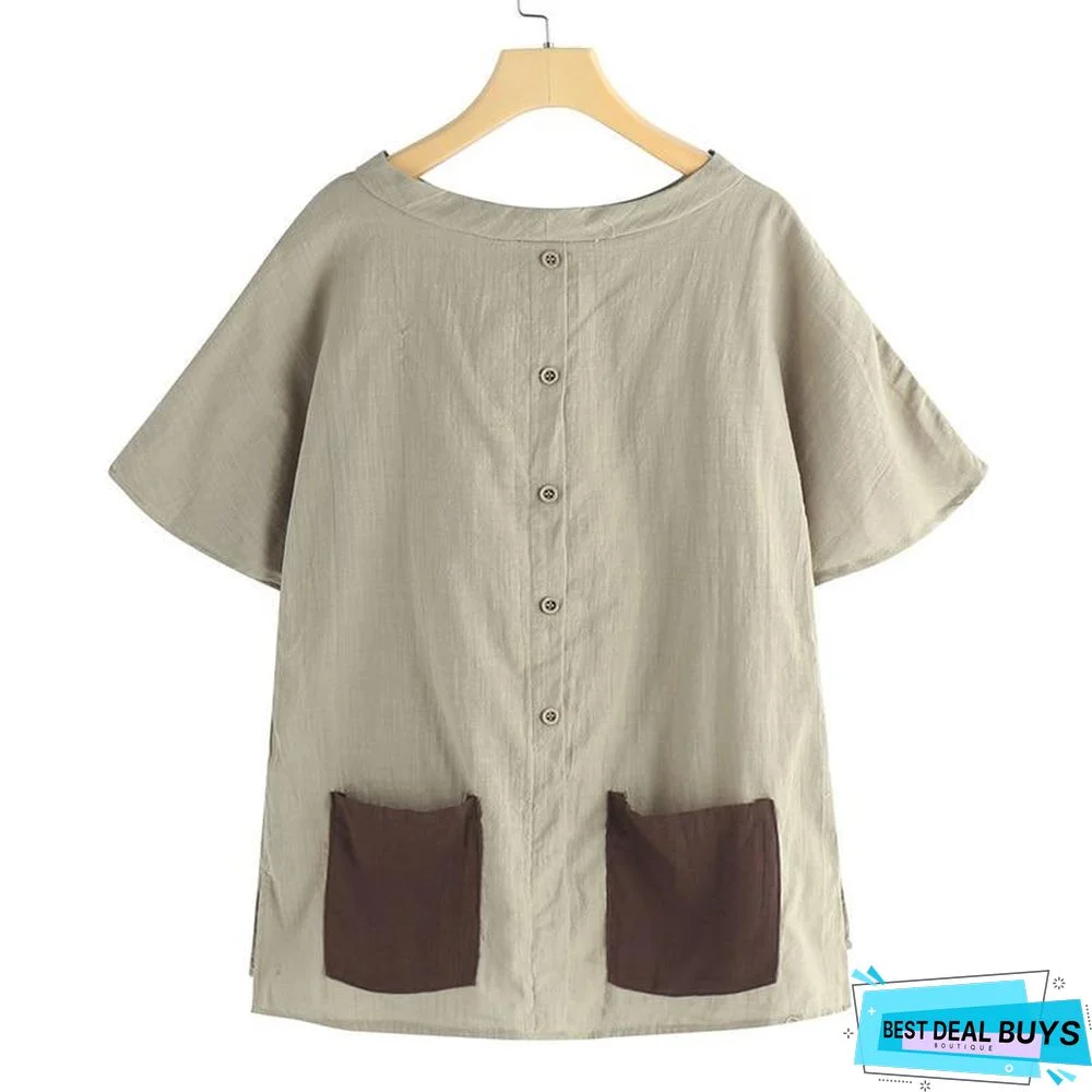 Oversized Vintage Cotton Tops Women Blouses Short Sleeve Buttons Casual Shirts Pockets Loose Tops
