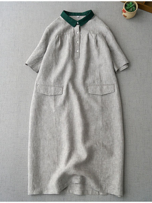 Women's Elegant Linen Dress Contrast Crew Neck with Front Button Loose A Line Midi Dress