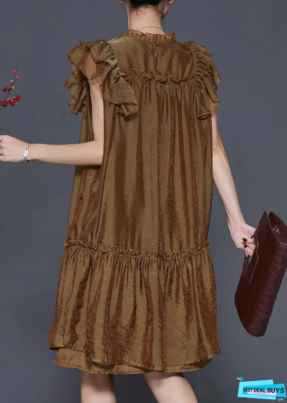 Stylish Brown Nail Bead Ruffled Silk Vacation Dress Summer