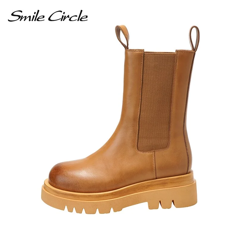 Smile Circle Autumn Slip-on Chelsea Boots Women Genuine Cow Leather fashion Round-toe Flat Platform Boots Lady shoes
