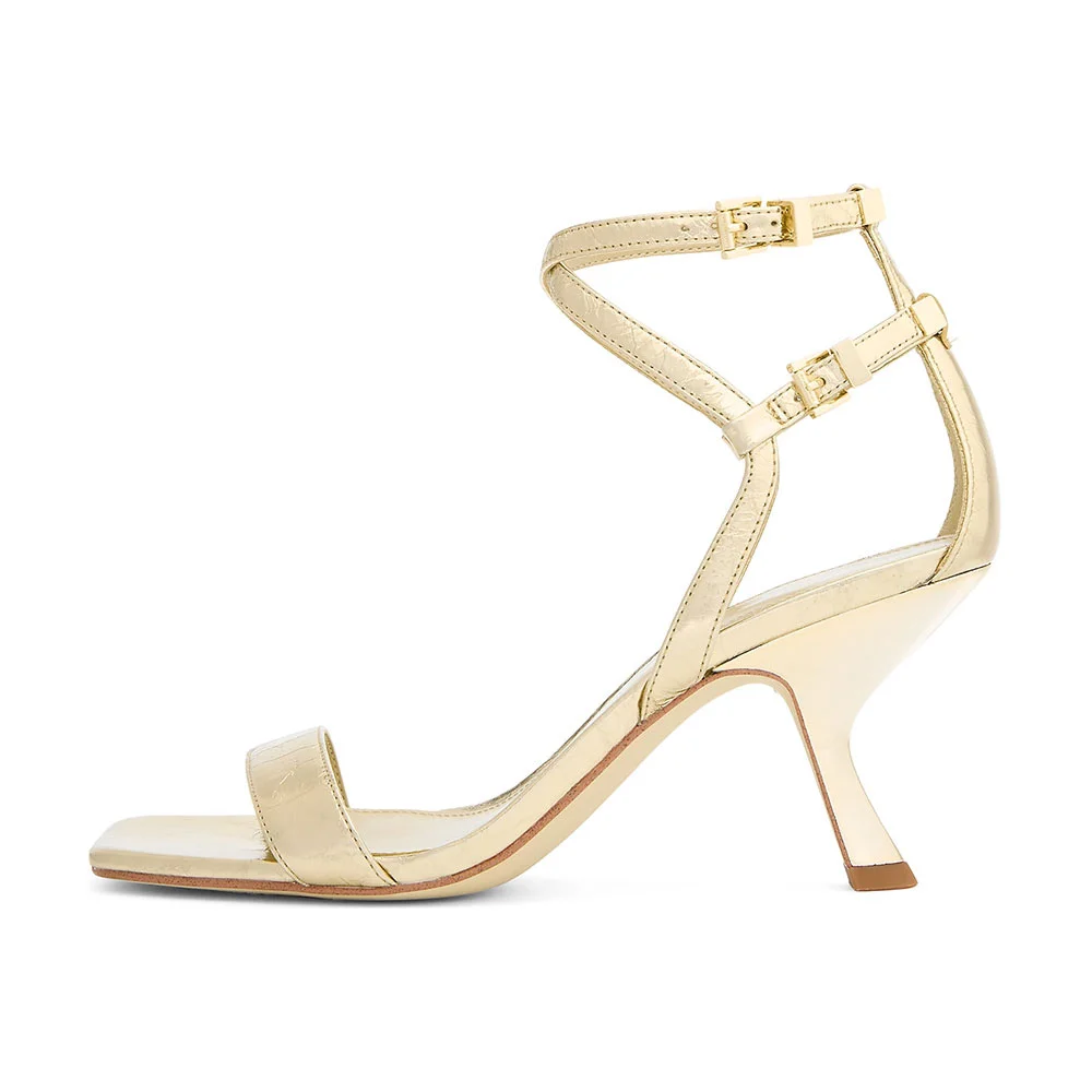 Gold Square Toe 3 Inch Heel Ankle Strap Women's Sandals with Buckle