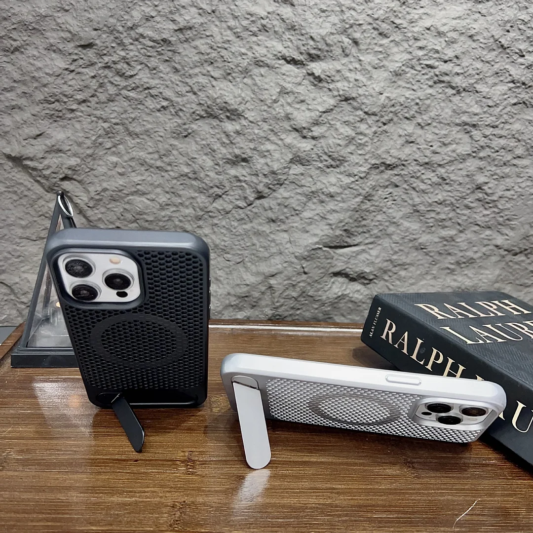 Skeleton Heat Dissipation Breathable Mag Safe Magnetic Apple Acrylic Phone Case with Stand 13 to 15 ProMax