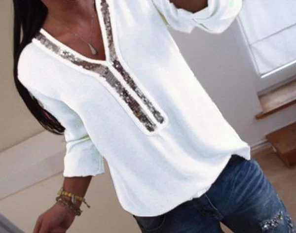 Women Fashion Glitter Sequins Tunic Shirt Shirt Sexy V-neck Women T-shirt