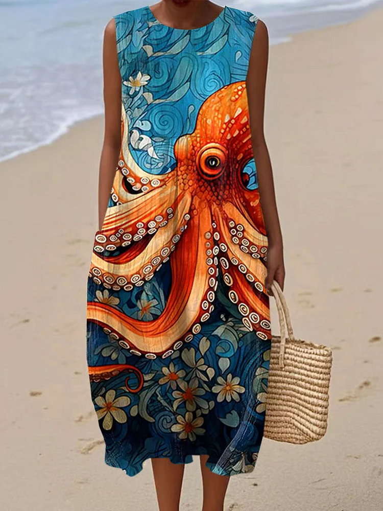 Women's Vintage  Octopus Art Print Sleeveless Cotton Pocket Wrap Dress