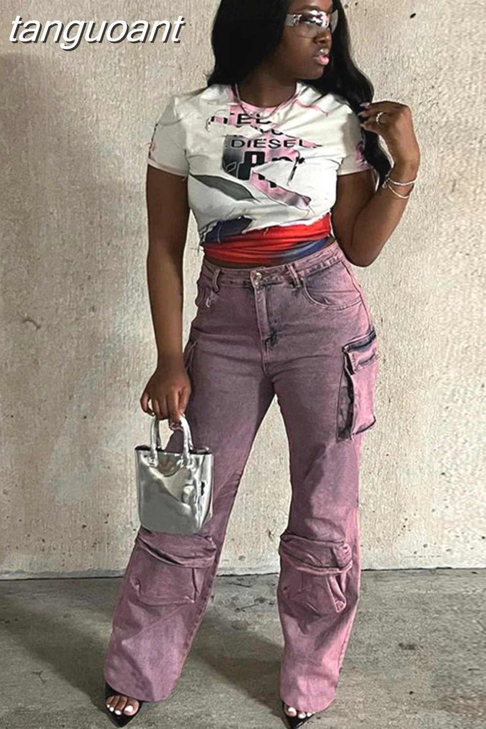 tanguoant Y2K Vintage Cargo Denim Pants Women Pockets Stitching High Waist Straight Loose Trousers Fashion Casual Streetwear Jeans