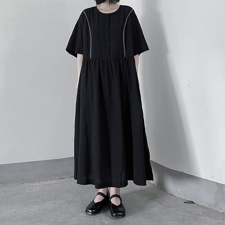 Simple Loose Solid Color O-neck Splicing Line Decor Half Sleeve Ankle-length Dress      