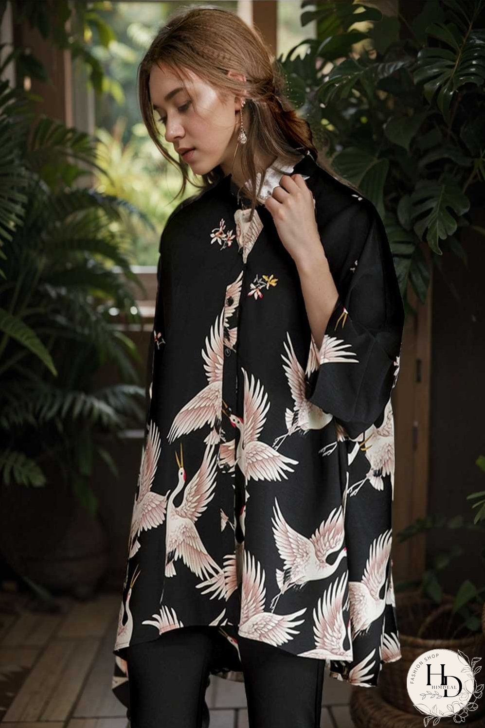 size curve blouses crane print loose oversized blouse