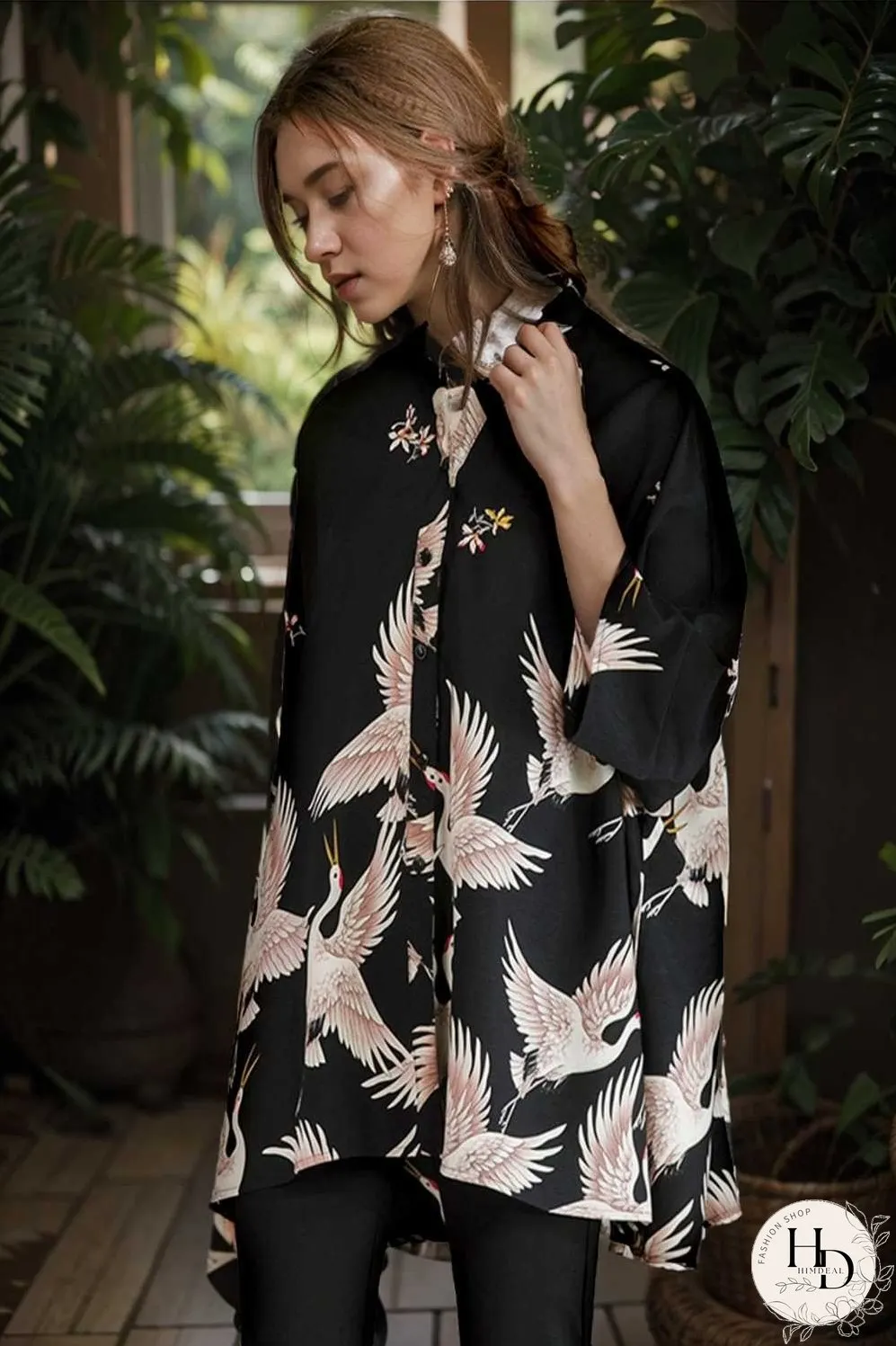 size curve blouses crane print loose oversized blouse