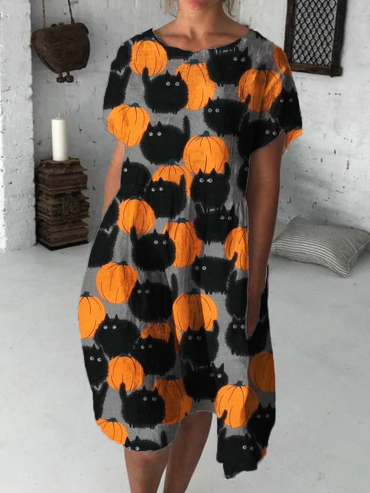 Halloween Lovely Black Cats & Pumpkins Midi Dress