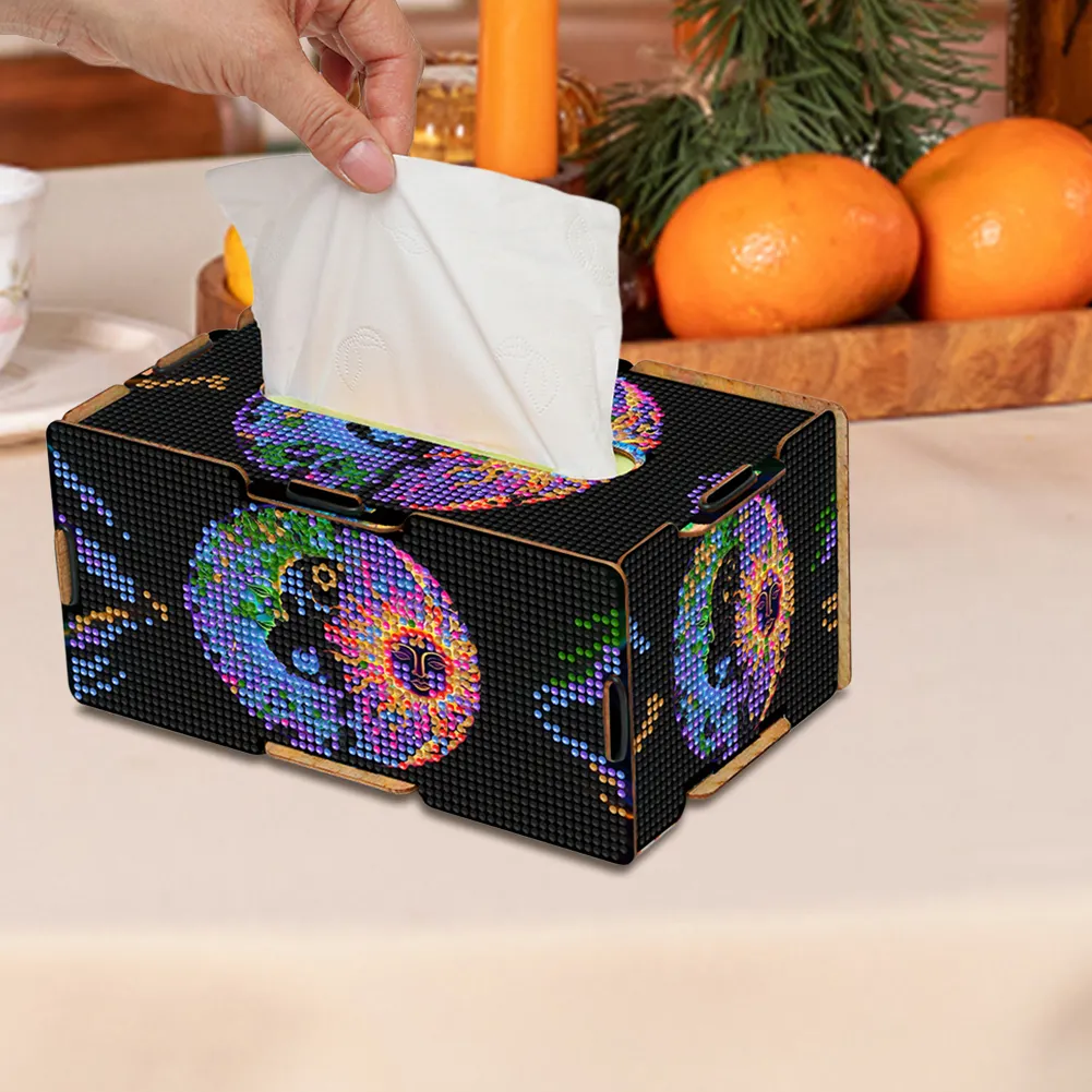 Sun and Moon Diamond Painting Tissue Box Wooden Diamond Art Tissue Storage Box