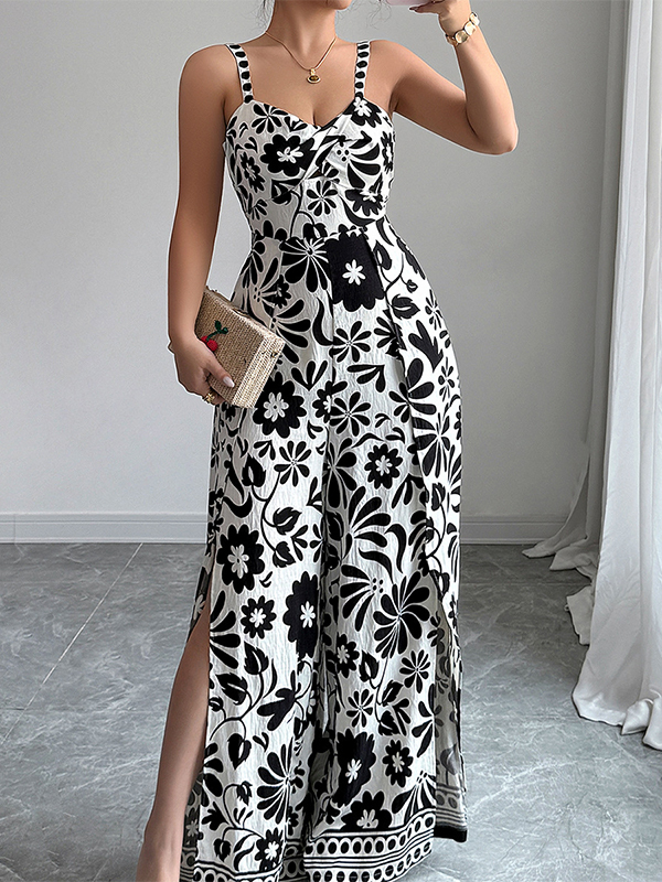 Floral Print Strap Sweetheart Wide Leg Side Split Jumpsuit