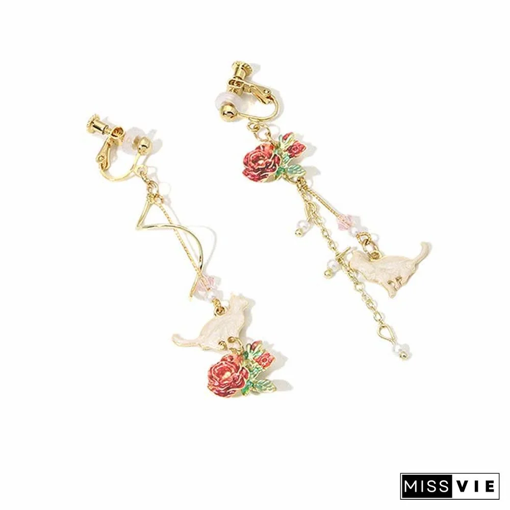 Asymmetrical Cat Blossom 925 Sterling Silver Stud Earrings Ear Clip