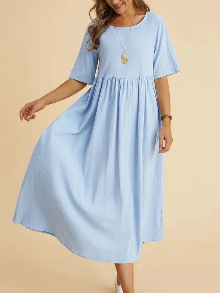 Women's Cotton Linen Dress Crew Neck Short Sleeve Midi Linen Dress