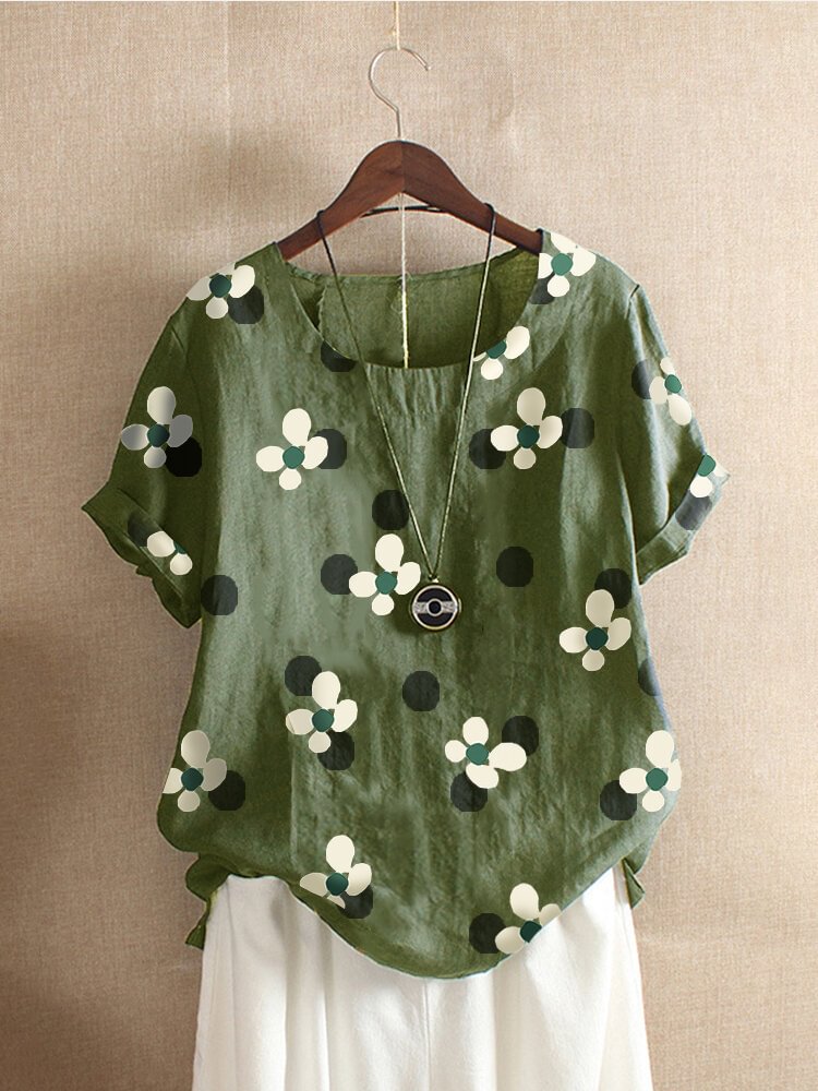 Floral Printed O Neck Short Sleeve Cotton T shirt P1655554