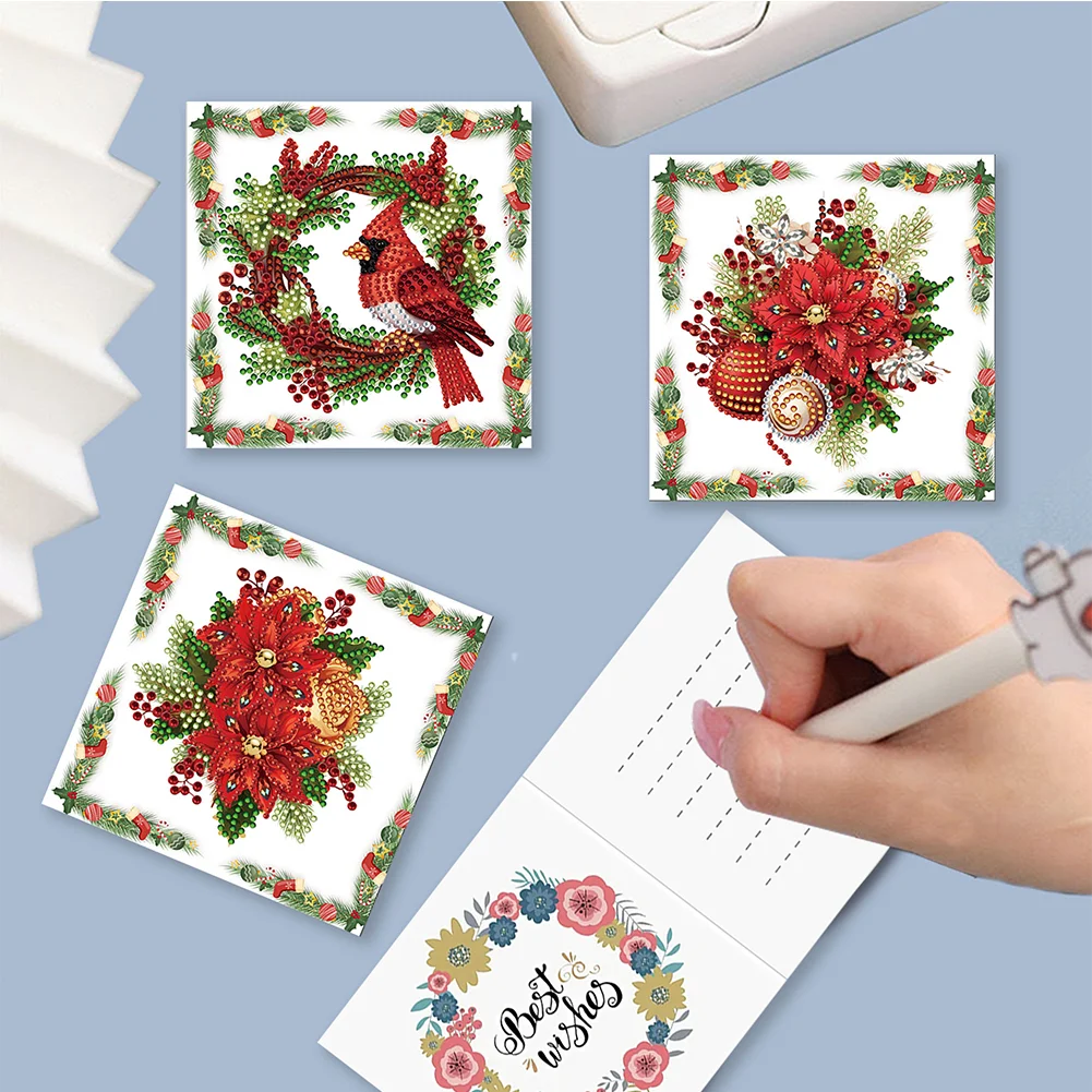 6pcs DIY Christmas Red Flower DIY Diamond Painting Card for Friends Family Gift【With White Envelope】