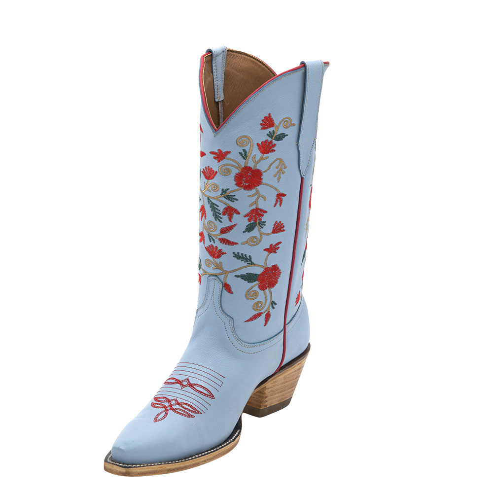 Embroidered Floral Snip Toe Mid-Calf Light Blue Cowgirl Boots Nicepairs