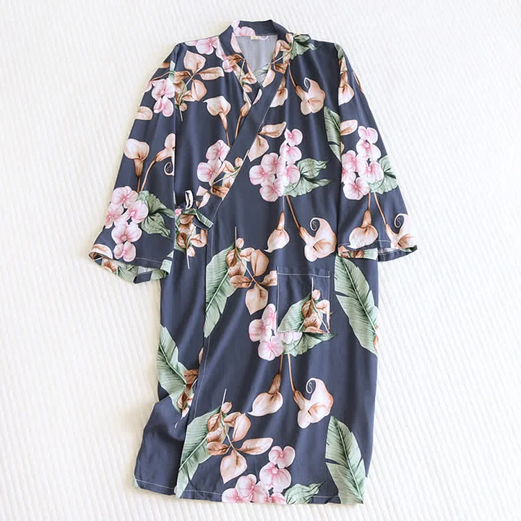 V-neck Blossom Print Kimono Robes - Modakawa modakawa